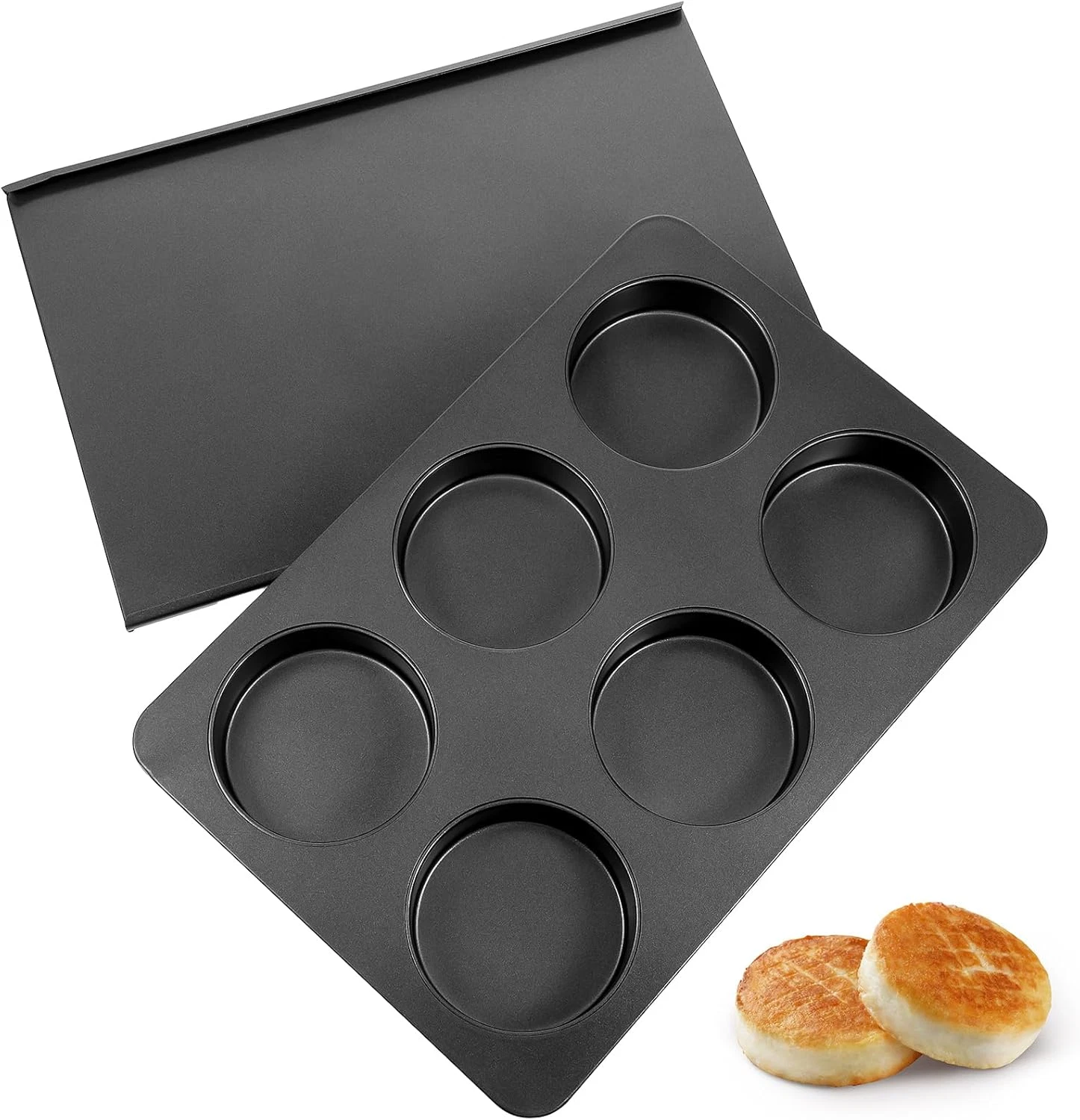 6 Cup Straight Side Jumbo English Muffin Cupcake Pan with Lid Hamburger Burger B