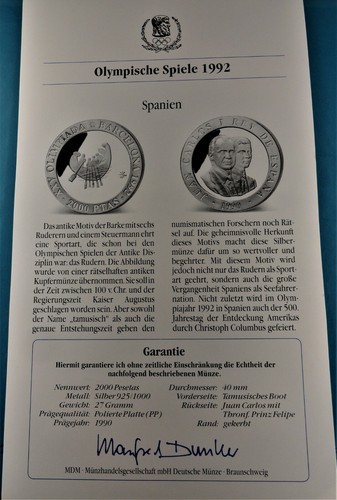 OLYMPIC GAMES 1992 silver proof coin Spain 1990 2000 Peseta UNC with certificate - Picture 3 of 3