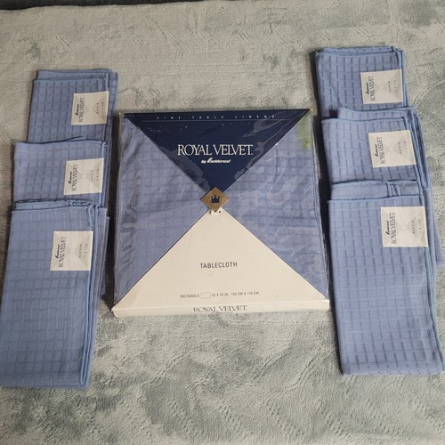 NEW Vintage Fieldcrest Royal Velvet Tablecloth Blue 52x70 Rectangle + 6 Napkins