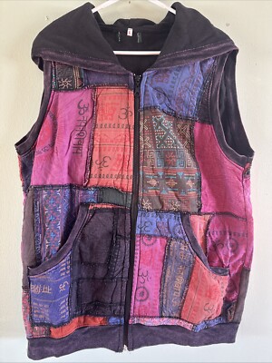 Patchwork Cotton Sanskrit-Print Sleeveless Hooded Jacket Vest L Made in Thailand