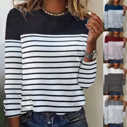 Women's Long Sleeve Stripe Blouse Ladies Casual Loose Tee Shirts Tops Plus Size - Picture 2 of 20