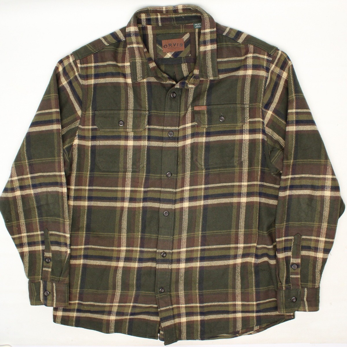 Orvis Mens Big Bear Flannel Shirt XXL Green Brown Plaid Cotton