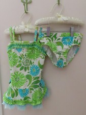 Boutique Frankie  Daisy Two-Piece Green Aqua Floral Print Swimsuit Girls Size 6
