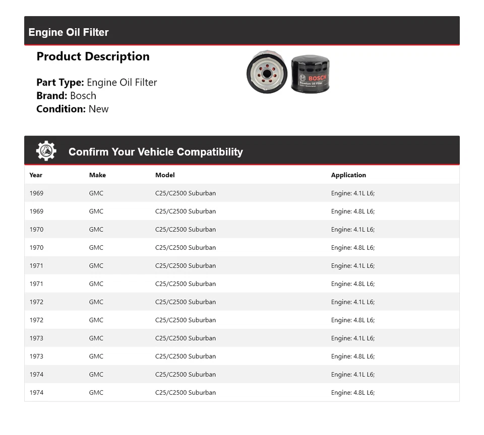 Filtro de aceite premium para GMC C25/C2500 1969-1974 Suburban Bosch 1970 1971 1972 Foto 2 de 3