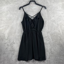 Lush Womens Black Ruffle Mini Dress Strappy Criss Cross Back Pockets Size S