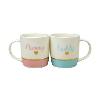 Mama & Papa Tasse Set Geschenk Neu Eltern Rosa Blau Gold Folie Design Babyparty