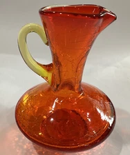 antique crackle glass pitcher vase orange With Yellow Handle