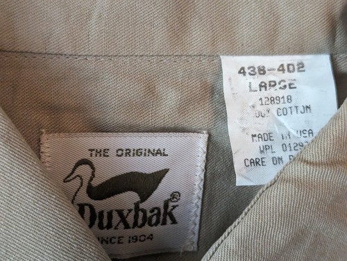 VINTAGE DUXBAK KHAKI TAN HUNTING FISHING 100% COTTON WORKSHIRT MADE IN USA LARGE - Picture 4 of 8