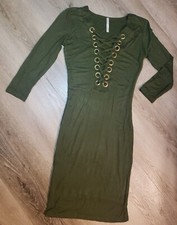 Women size M green bodycon 3/4 sleeve crisscross gold detail short t-shirt dress