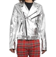 Men's Genuine Leather Silver Metallic Belted Biker Jacket Shiny Metallic Outwear