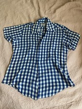 60s 70s Vintage Blue Checkered Mens Shirt Summer Gingham 15 1/2 Cotton Blend