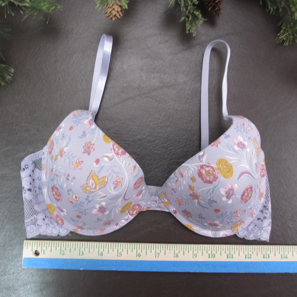 Sujetador Jessica Simpson 36C púrpura floral acolchado con aros cierre ajustable trasero Foto 2 de 4