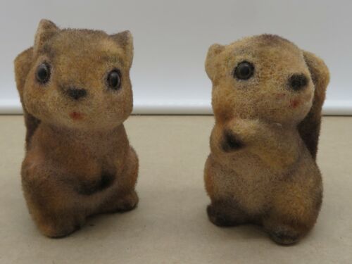 Set of 2 Vintage ENESCO Flocked Squirrels Original Sticker Japan