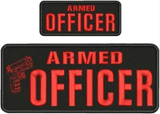 ARMED Officer EMBROIDERY PATCH 10x4 AND 5x2' VELCR@ ON BACK Red ON BLACK