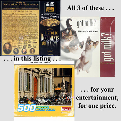 3 PUZZLES 500, 550 750 Pieces -Motorcycles, Got Milk, Declaration of Indepenence