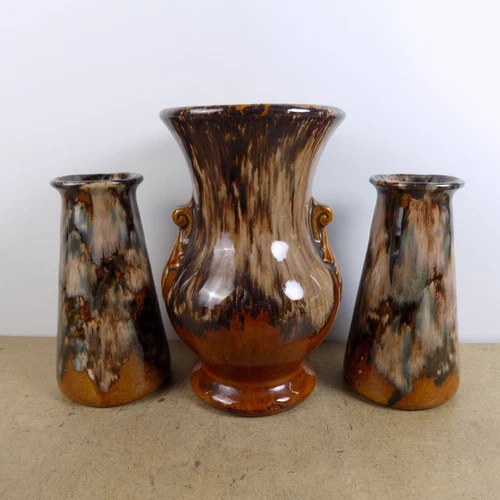 3pc Brush McCoy Brown Drip Vases 742 & 746 Vintage Art Pottery circa 1930