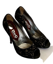 Dolce & Gabbana Womens Black Leather Peep Toe Stiletto Heels Shoes Size 37.5 US7