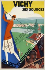 Vishy Ses Sources vintage golf train travel poster 16x24