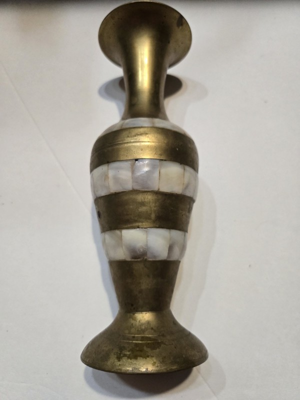 Vintage Brass Vase with Mother of Pearl Inlay.