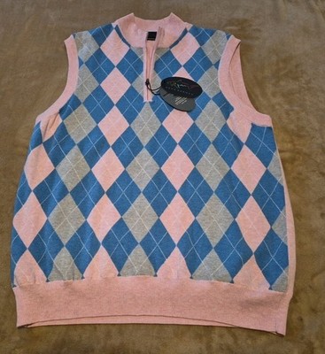 NEW Greg Norman WEATHERKNIT Sweater Vest Wind Protection MEDIUM Blue Pink Argyle
