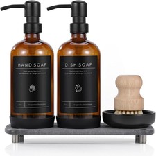 Kitchen Sink Glass Soap Dispenser Set With Stainless Steel Pump And Dry Tray