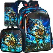 3PCS Dinosaur Backpack for Boys, 16'' Kids Preschool Bookbag with Lunch Box, ...