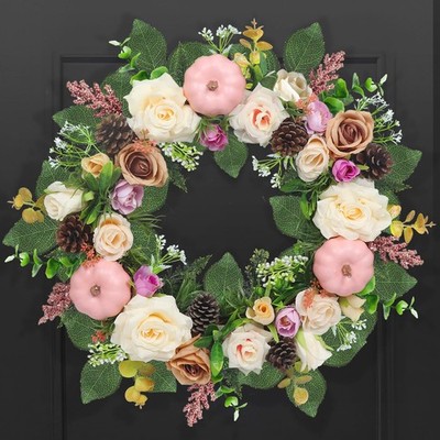 Fall Wreaths for Front Door Outside 24inch Large Autumn Wreath with Pink Pump...