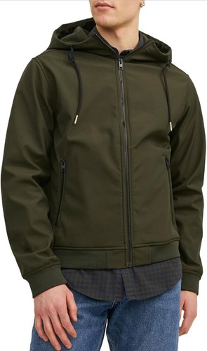 JACK & JONES Herren Softshelljacke Kapuze Fleece gefüttert dunkelgrün Large neu mit Etikett