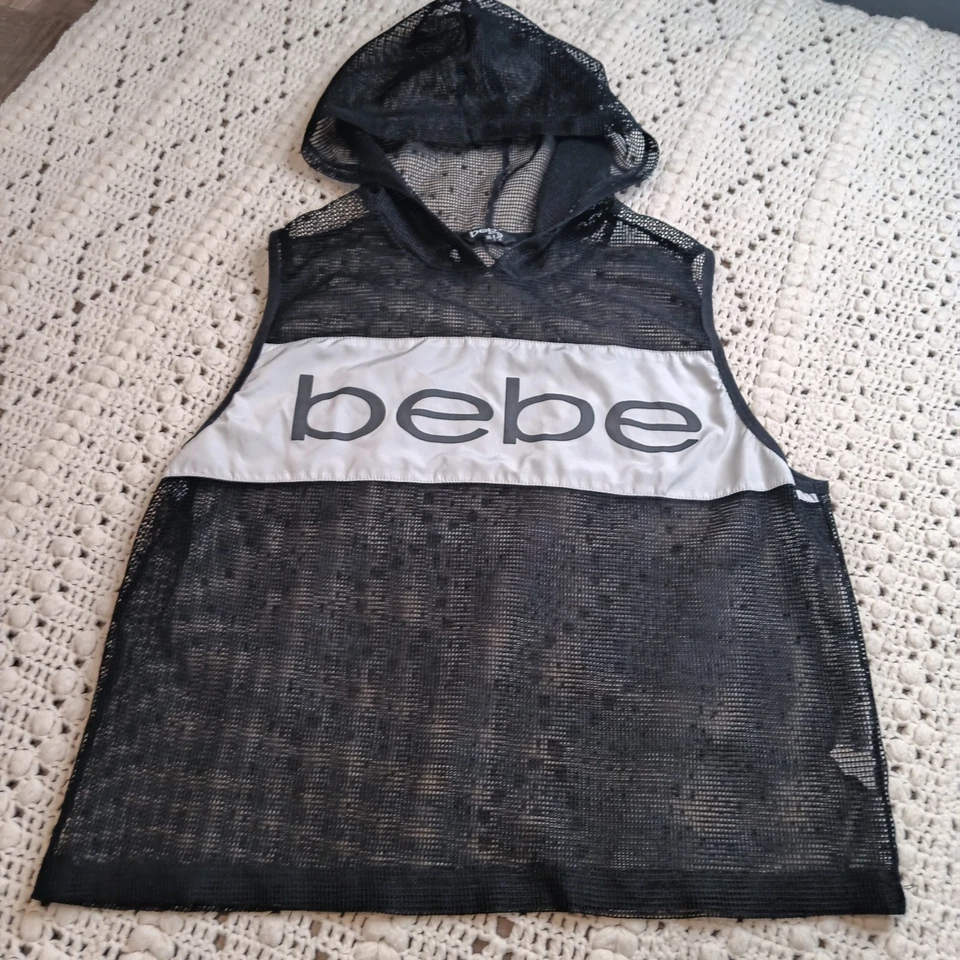 Camisa sin mangas Bebe Sport para mujer XL con capucha malla negra con red Y2K Spellout Foto 2 de 4