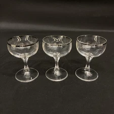 Lot of 3 Crystal Cordial Glasses Platinum Rims Hexagon Stem 3.75"
