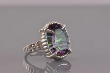 Sterling Silver 20mm Oval Mystic Rainbow Topaz Ribbed Bezel Band Ring 925 Sz: 7