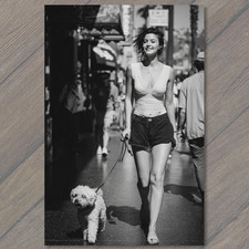 POSTCARD Stylish Woman Walking Dog City Street Black White