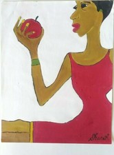 African American Art Woman Fruit Red Apple White Black 11x14 Poster Oil -Acrylic