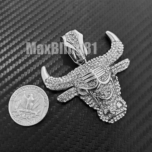 Icy Bulls Head Pendant & 13mm 16" 18" 20" 24" Iced Cuban Box Lock Chain Necklace - Picture 3 of 20
