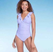 NWT Shade Shore One Piece Swimsuit Purple Ruffle, Full Seat Coverage XL
