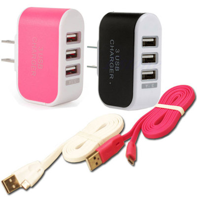 Thriple USB Port Data Cable Charger Power Adapter fr Samsung Android Cell phones