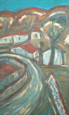 Vintage expressionist oil painting village landscape signed