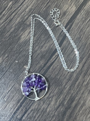 Amethyst Tree of Life Pendant + 20" Stainless Steel Chain Blue Gift Bag - Picture 4 of 5