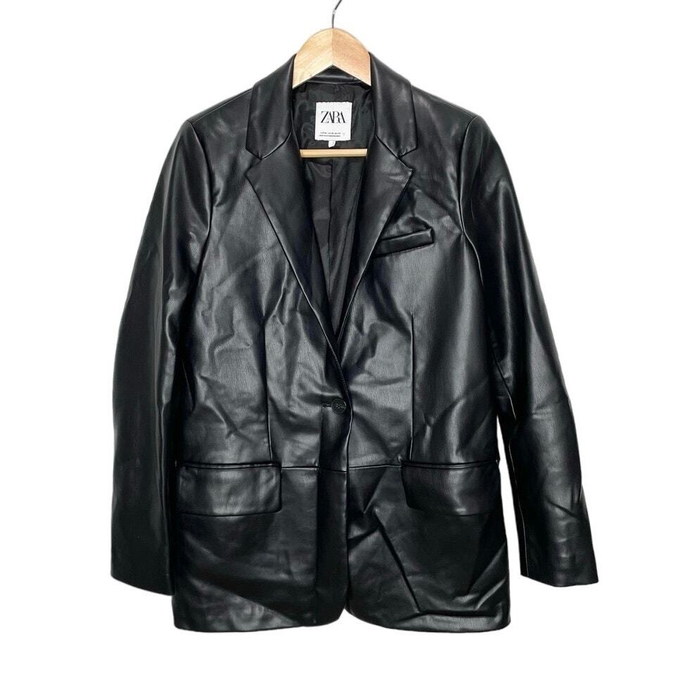 Zara Faux Leather Straight Cut Blazer In Black XS