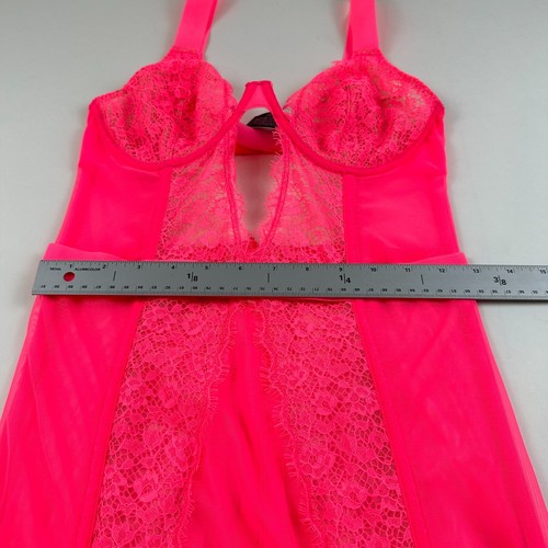 Victoria's Secret Neon Pink Lace Mesh Corset Bustier Bra 36 D Garter Slip - Picture 13 of 15