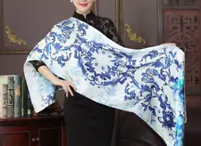 100% Silk Scarf Satin Women neckerchief long Shawl Wrap floral blue navy MY1