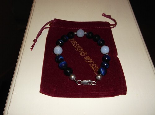 MEN'S HANDMADE 8 3/4" 10 MM BLUE TIGER EYE/BLUE CHALCEDONY STERLING S BRACELET - Picture 7 of 9