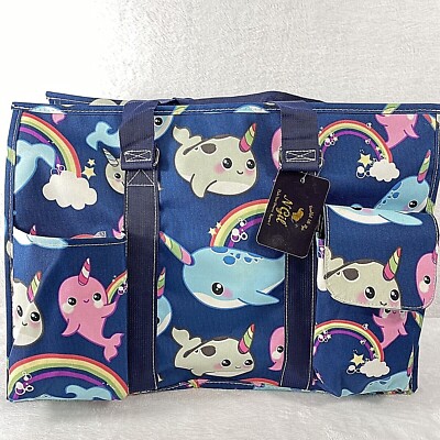 NGil Tall Canvas Tote Bag Rainbow Narwhal Blue Print