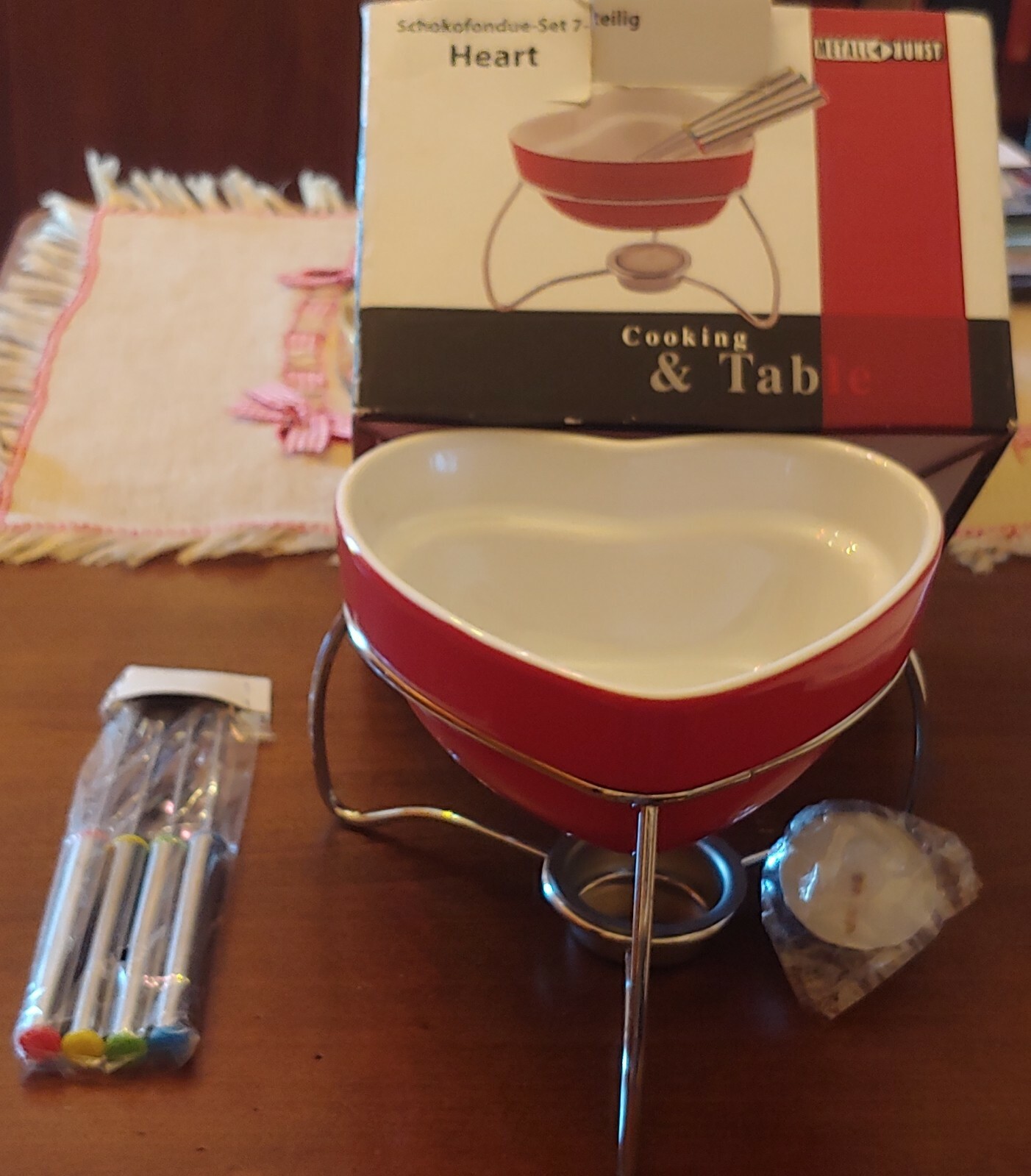 Set Fonduta Ceramica Cuore Rosso per Cioccolato e Formaggi