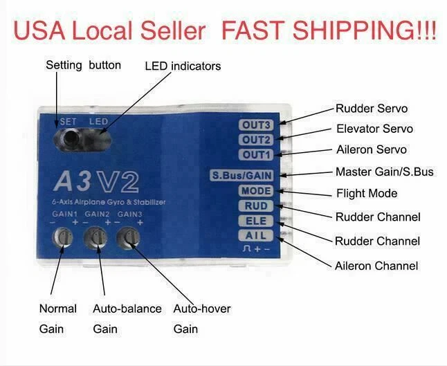 6 Axis Gyro A3V2 RC AirPlane Flight Stabilizer for RC plane Fixed Wing Auto Hove - Image 2 of 4