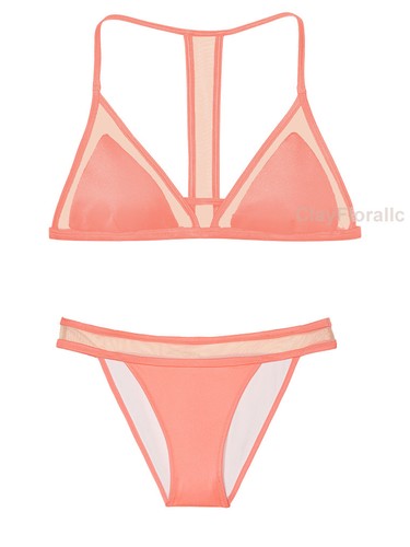 Victoria's Secret swim set PINK Mesh Triangle T-Back bikini coral orange ATZ - Picture 3 of 7