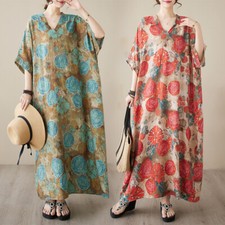 Cotton Linen Retro Womens Ethnic Floral Printed V-neck Loose Robe Maxi Dresses