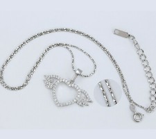 Rhodium Plated Fashion Jewelry Heart w Angel Wings Memorial Pendant Necklace