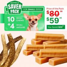 Chew and Antler Bundle Pack for Small Dog, 10pc lot of Yak Chews + 4 Elk Antlers