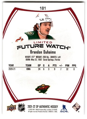 Brandon Duhaime 2021-22 SP Authentic Limited Red Future Watch Rookie #181 - Picture 2 of 2